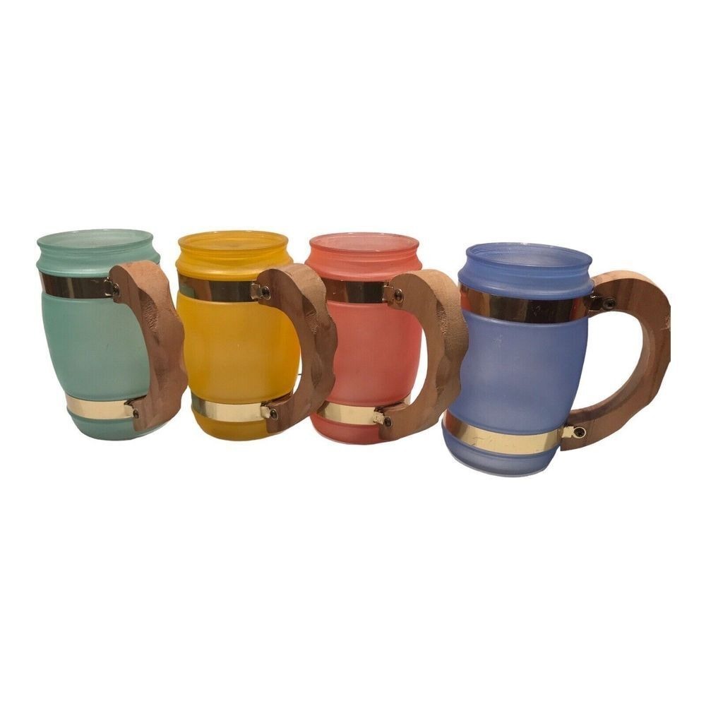 Siesta Ware Banded Barrel Pastel Frosted Glass‎ Wood Handle Mug Lot of 4